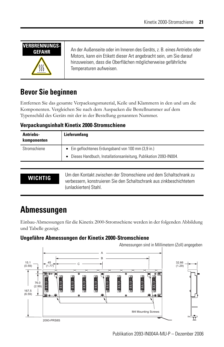 Abmessungen, Bevor sie beginnen, Verpackungsinhalt kinetix 2000 | Stromschiene, Wichtig | Rockwell Automation 2093-PRSxx Kinetix 2000 Power Rail Installation Instructions User Manual | Page 21 / 76