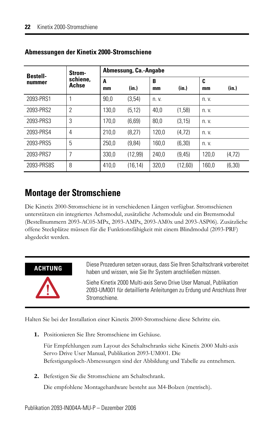 Montage der stromschiene | Rockwell Automation 2093-PRSxx Kinetix 2000 Power Rail Installation Instructions User Manual | Page 22 / 76