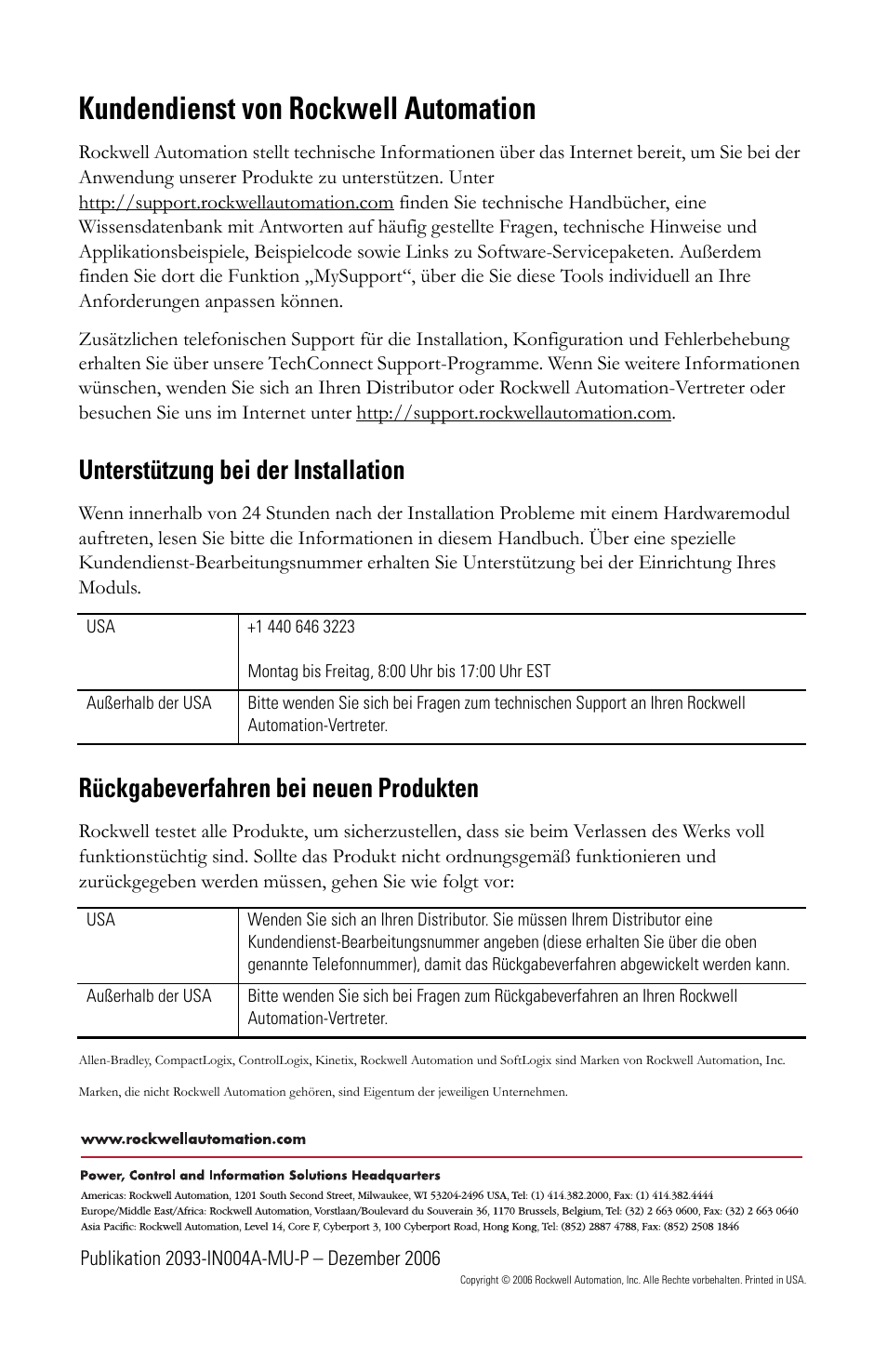 Kundendienst von rockwell automation, Unterstützung bei der installation, Rückgabeverfahren bei neuen produkten | Rockwell Automation 2093-PRSxx Kinetix 2000 Power Rail Installation Instructions User Manual | Page 26 / 76
