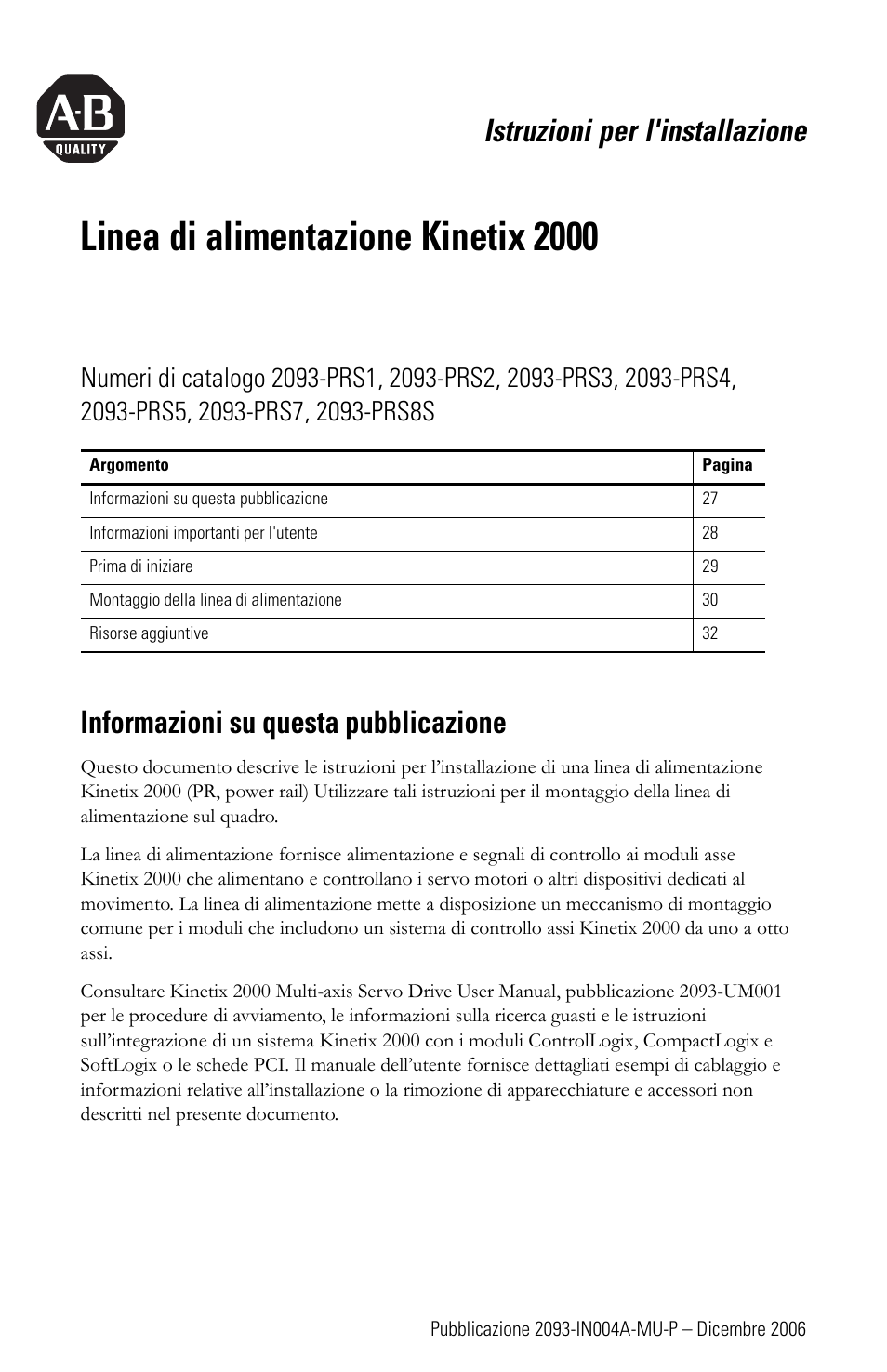 Sezione in italiano, Linea di alimentazione kinetix 2000, Istruzioni per l'installazione | Informazioni su questa pubblicazione | Rockwell Automation 2093-PRSxx Kinetix 2000 Power Rail Installation Instructions User Manual | Page 27 / 76