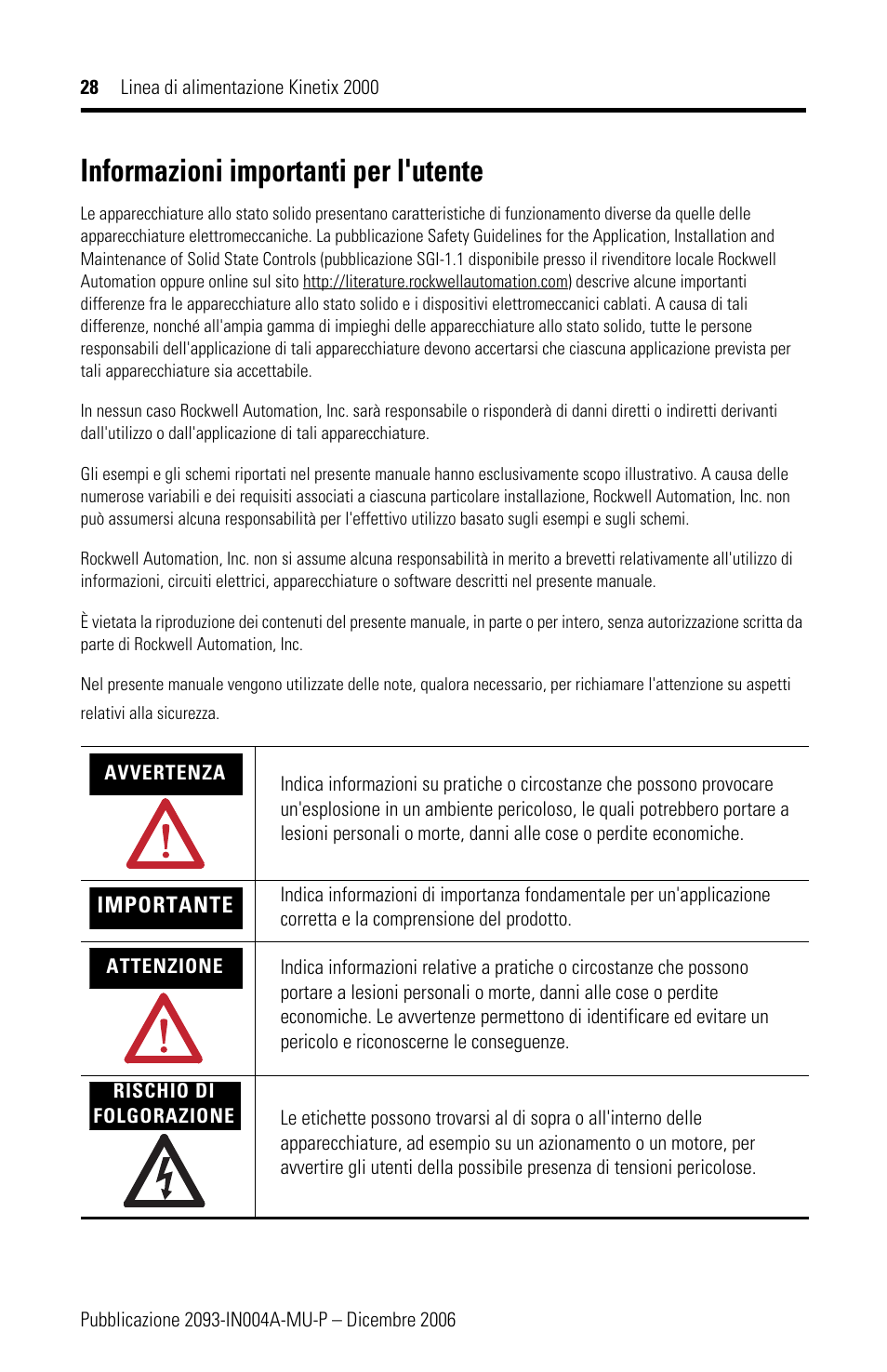 Informazioni importanti per l'utente | Rockwell Automation 2093-PRSxx Kinetix 2000 Power Rail Installation Instructions User Manual | Page 28 / 76