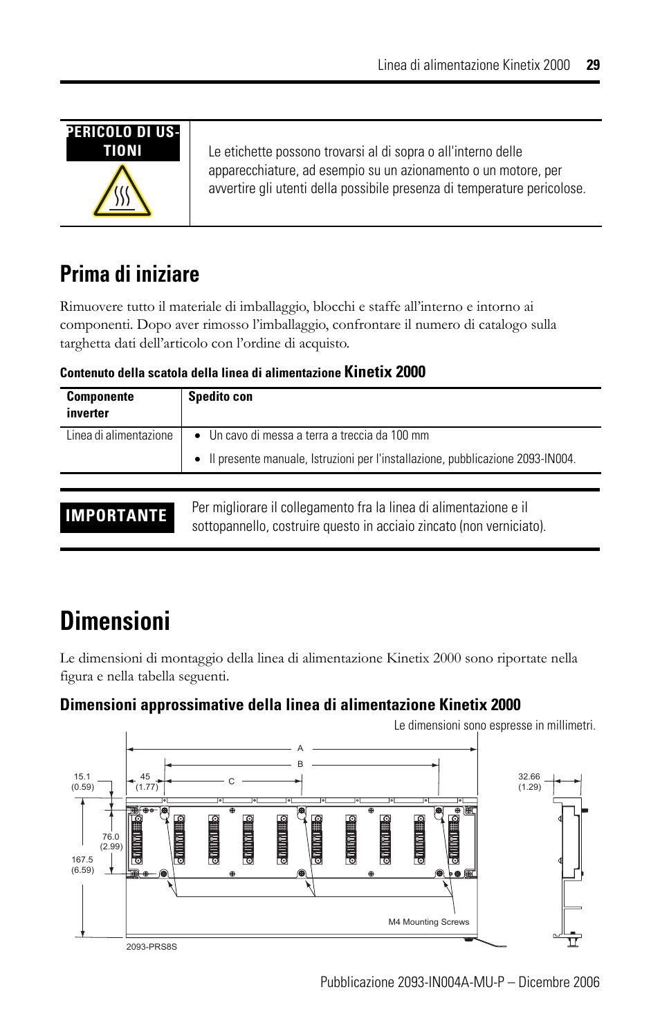 Dimensioni, Prima di iniziare, Kinetix 2000 | Importante | Rockwell Automation 2093-PRSxx Kinetix 2000 Power Rail Installation Instructions User Manual | Page 29 / 76