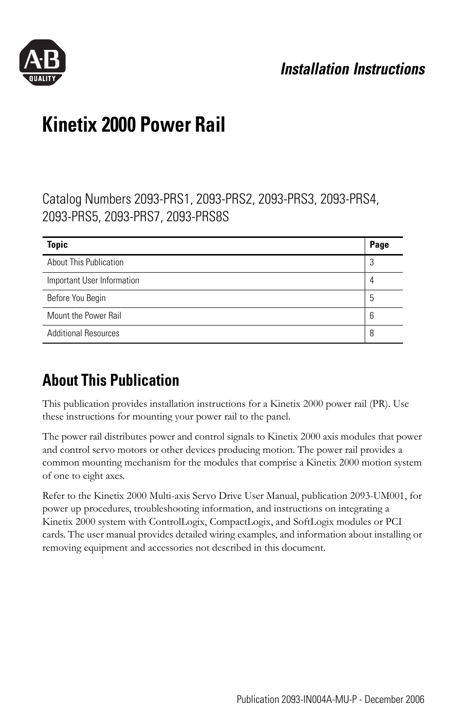 Kinetix 2000 power rail, installation instructions, English section, Kinetix 2000 power rail | Installation instructions, About this publication | Rockwell Automation 2093-PRSxx Kinetix 2000 Power Rail Installation Instructions User Manual | Page 3 / 76