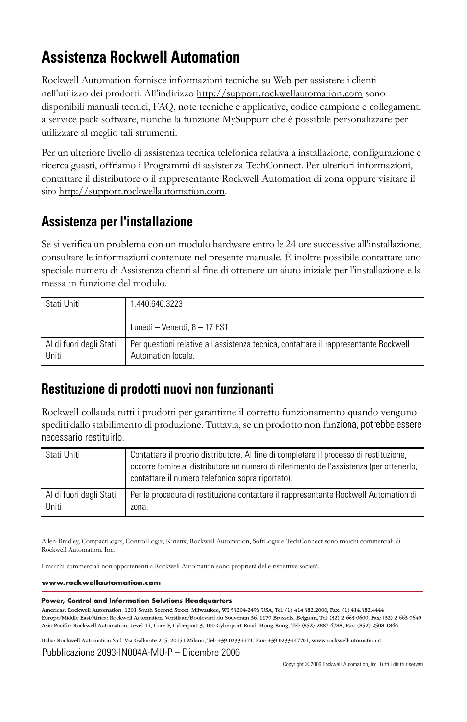 Assistenza rockwell automation, Assistenza per l'installazione, Restituzione di prodotti nuovi non funzionanti | Rockwell Automation 2093-PRSxx Kinetix 2000 Power Rail Installation Instructions User Manual | Page 34 / 76