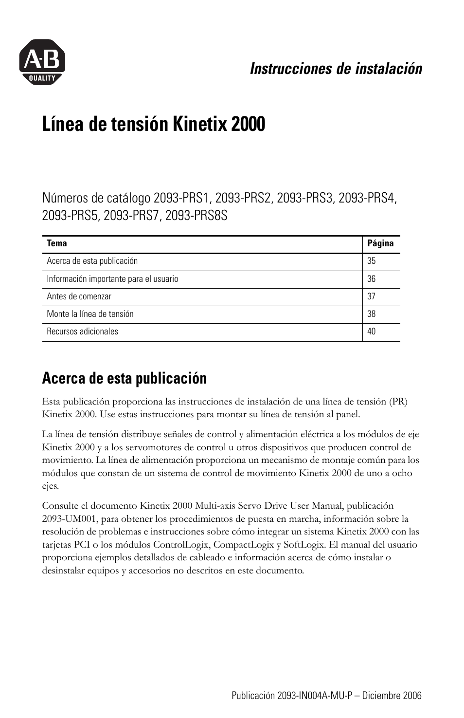 Sección en español, Línea de tensión kinetix 2000, Instrucciones de instalación | Acerca de esta publicación | Rockwell Automation 2093-PRSxx Kinetix 2000 Power Rail Installation Instructions User Manual | Page 35 / 76