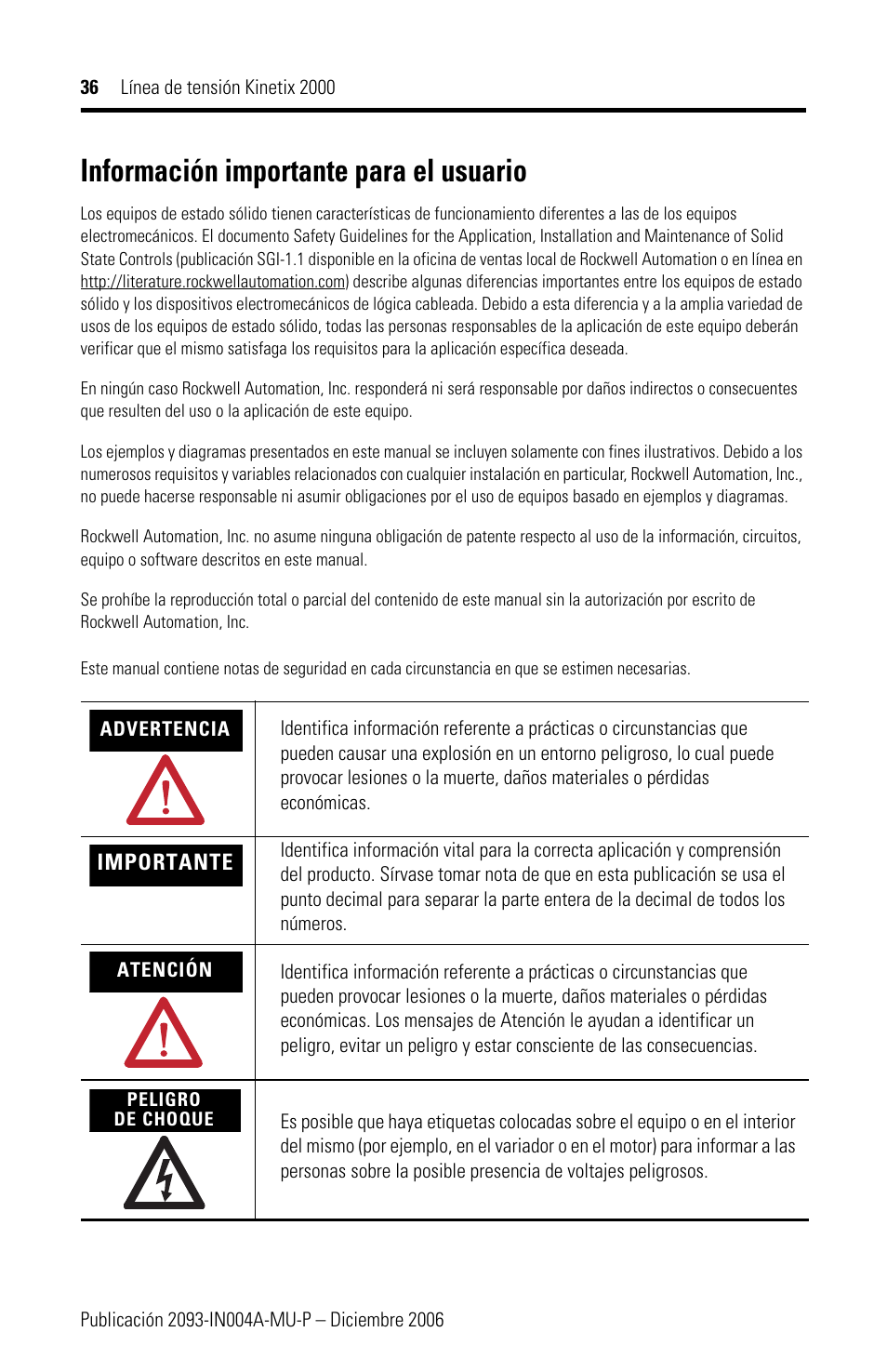 Información importante para el usuario | Rockwell Automation 2093-PRSxx Kinetix 2000 Power Rail Installation Instructions User Manual | Page 36 / 76