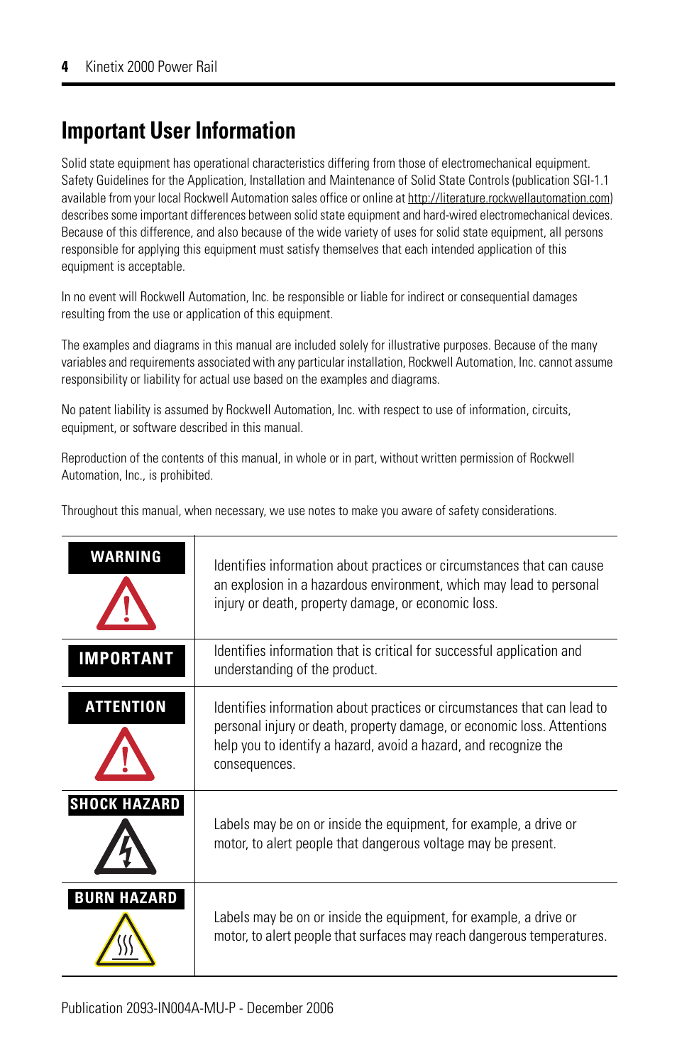 Important user information | Rockwell Automation 2093-PRSxx Kinetix 2000 Power Rail Installation Instructions User Manual | Page 4 / 76