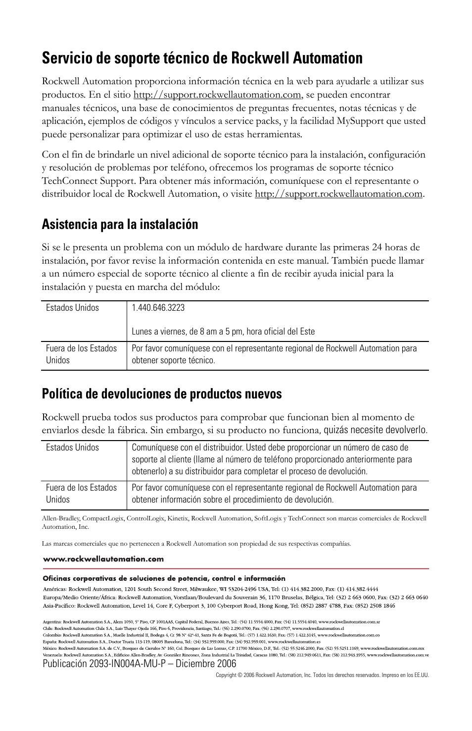 Servicio de soporte técnico de rockwell automation, Asistencia para la instalación, Política de devoluciones de productos nuevos | Rockwell Automation 2093-PRSxx Kinetix 2000 Power Rail Installation Instructions User Manual | Page 42 / 76