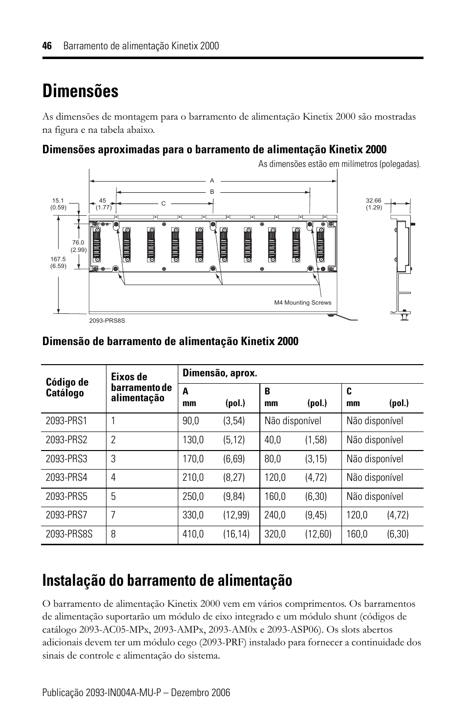 Dimensões, Instalação do barramento de alimentação | Rockwell Automation 2093-PRSxx Kinetix 2000 Power Rail Installation Instructions User Manual | Page 46 / 76