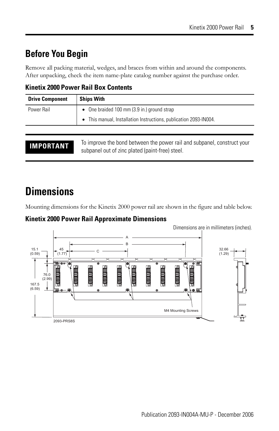 Dimensions, Before you begin, Kinetix 2000 | Power rail box contents, Kinetix 2000 power rail approximate dimensions, Important | Rockwell Automation 2093-PRSxx Kinetix 2000 Power Rail Installation Instructions User Manual | Page 5 / 76