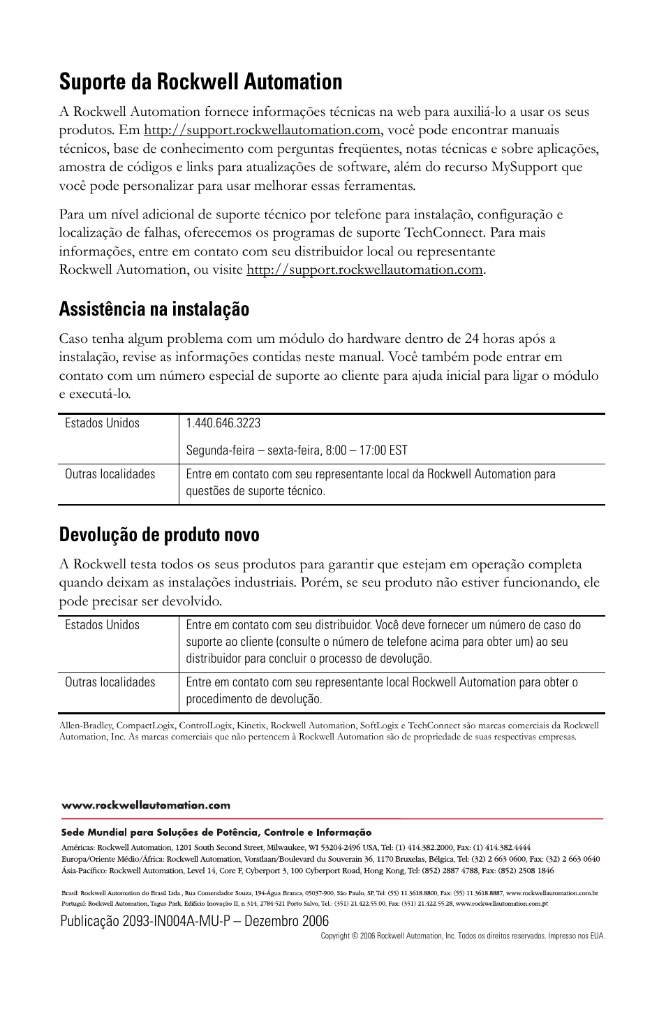 Suporte da rockwell automation, Assistência na instalação, Devolução de produto novo | Rockwell Automation 2093-PRSxx Kinetix 2000 Power Rail Installation Instructions User Manual | Page 50 / 76