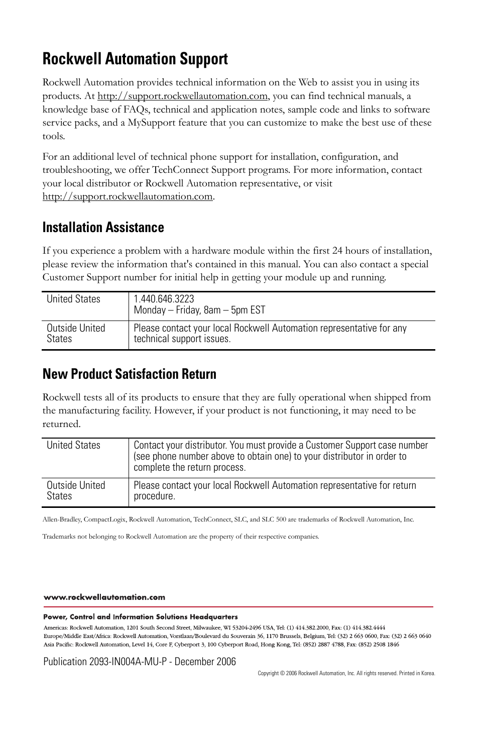 Back cover - rockwell automation support, Rockwell automation support, Installation assistance | New product satisfaction return | Rockwell Automation 2093-PRSxx Kinetix 2000 Power Rail Installation Instructions User Manual | Page 76 / 76