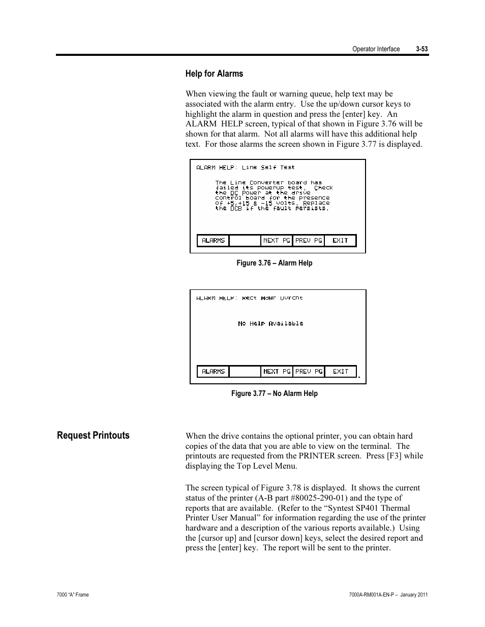 Help for alarms, Request printouts | Rockwell Automation 7000A PowerFlex Medium Voltage AC Drive - Air-Cooled (A Frame) User Manual | Page 127 / 412