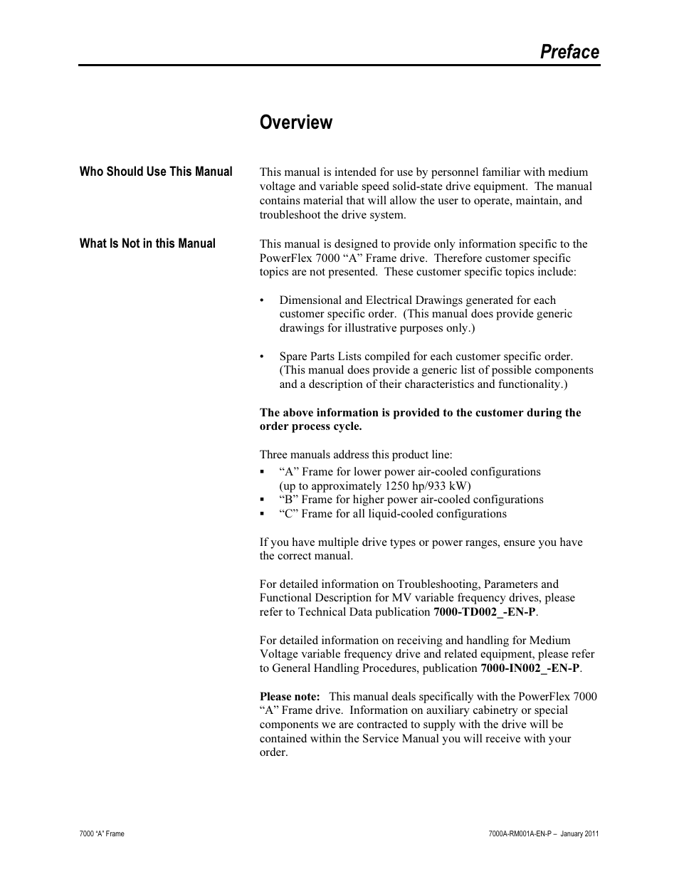 Preface - overview, Who should use this manual, What is not in this manual | Preface, Overview | Rockwell Automation 7000A PowerFlex Medium Voltage AC Drive - Air-Cooled (A Frame) User Manual | Page 13 / 412