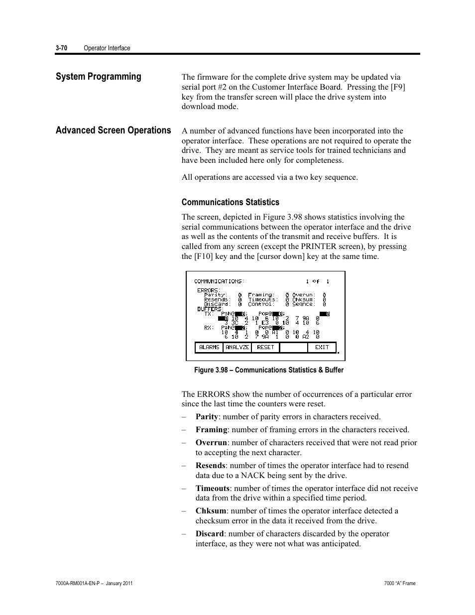 System programming, Advanced screen operations, Communications statistics | Rockwell Automation 7000A PowerFlex Medium Voltage AC Drive - Air-Cooled (A Frame) User Manual | Page 144 / 412
