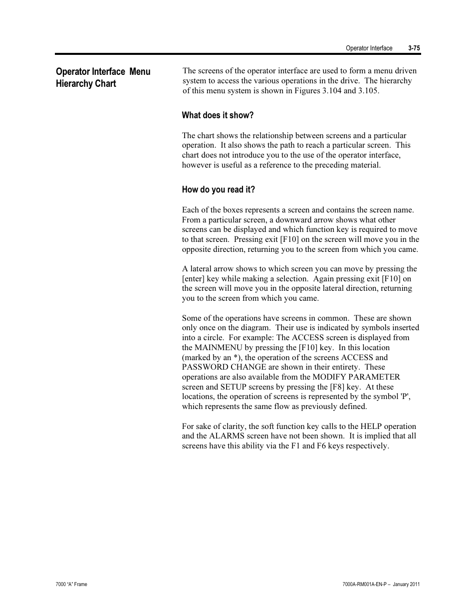 Operator interface menu hierarchy charg, Operator interface menu hierarchy chart | Rockwell Automation 7000A PowerFlex Medium Voltage AC Drive - Air-Cooled (A Frame) User Manual | Page 149 / 412