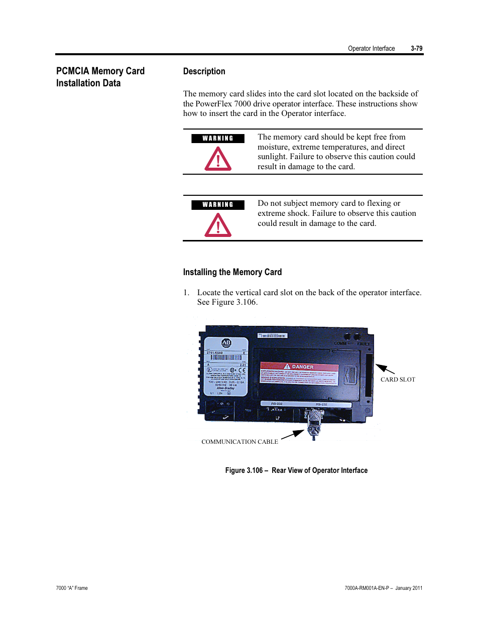 Pcmcia memory card installation data, Description, Installing the memory card | Installation data | Rockwell Automation 7000A PowerFlex Medium Voltage AC Drive - Air-Cooled (A Frame) User Manual | Page 153 / 412