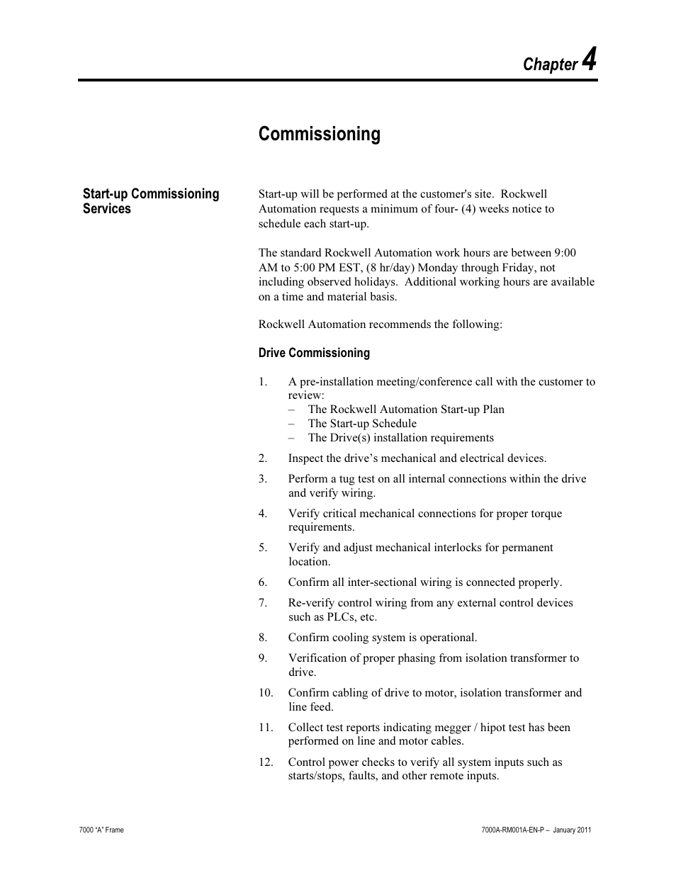 Chapter 4 - commissioning, Start-up commissioning services, Drive commissioning | Commissioning, Chapter | Rockwell Automation 7000A PowerFlex Medium Voltage AC Drive - Air-Cooled (A Frame) User Manual | Page 155 / 412