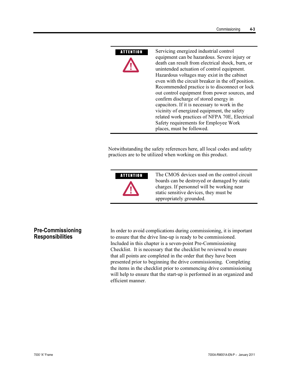 Pre-commissioning responsibilities, Pre-commissioning, Responsibilities | Rockwell Automation 7000A PowerFlex Medium Voltage AC Drive - Air-Cooled (A Frame) User Manual | Page 157 / 412