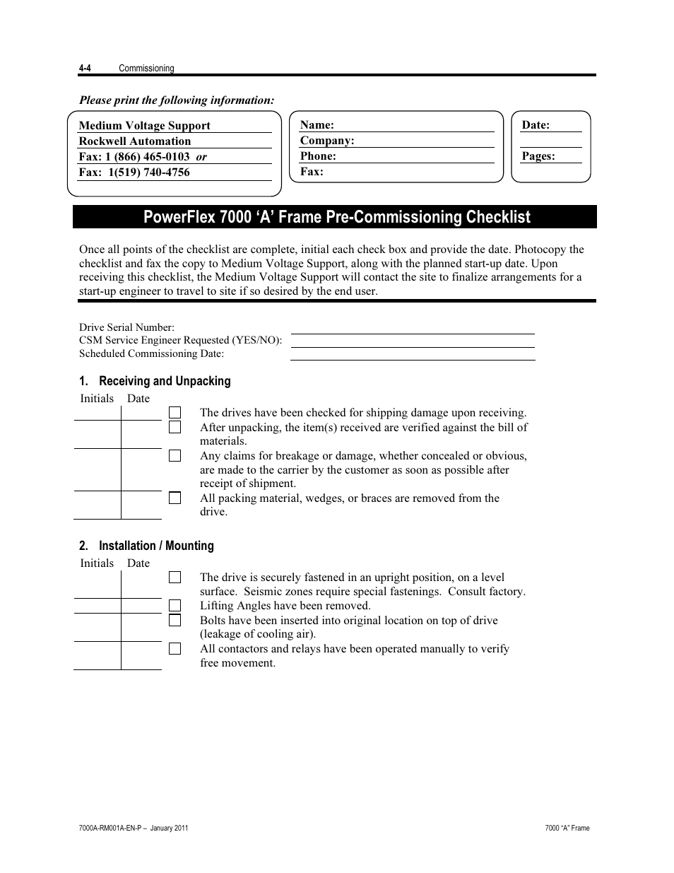 Pre-commissioning checklist | Rockwell Automation 7000A PowerFlex Medium Voltage AC Drive - Air-Cooled (A Frame) User Manual | Page 158 / 412
