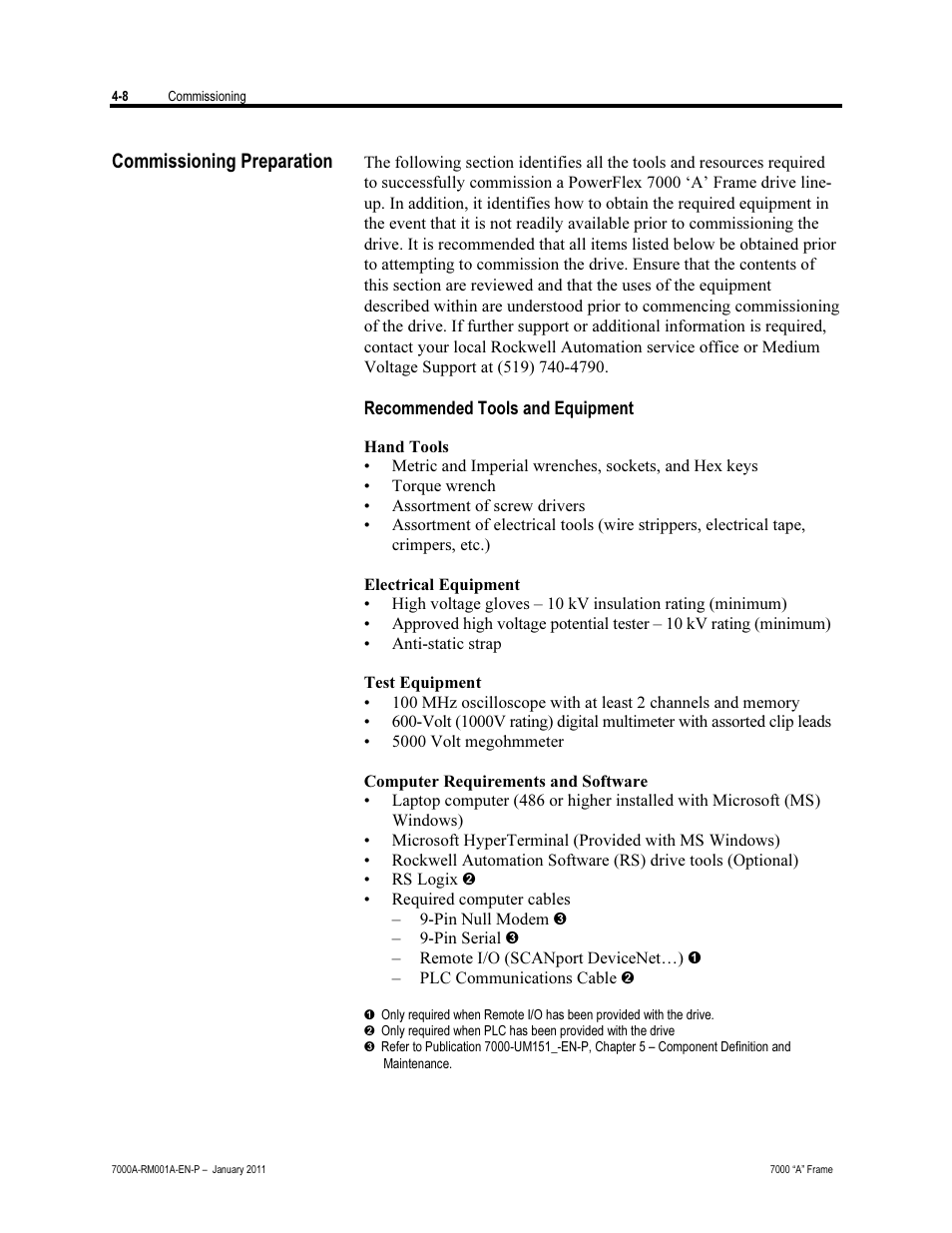 Commissioning preparation, Recommended tools and equipment | Rockwell Automation 7000A PowerFlex Medium Voltage AC Drive - Air-Cooled (A Frame) User Manual | Page 162 / 412