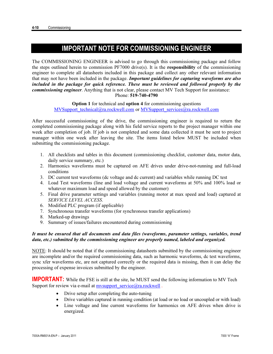 Important note for commissioning engineer, Important | Rockwell Automation 7000A PowerFlex Medium Voltage AC Drive - Air-Cooled (A Frame) User Manual | Page 164 / 412