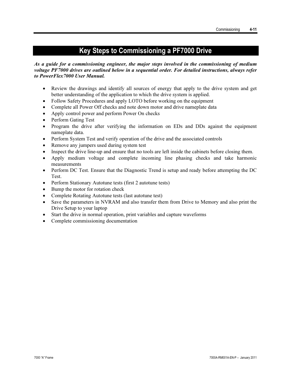 Key steps to commissioning a pf7000 drive | Rockwell Automation 7000A PowerFlex Medium Voltage AC Drive - Air-Cooled (A Frame) User Manual | Page 165 / 412