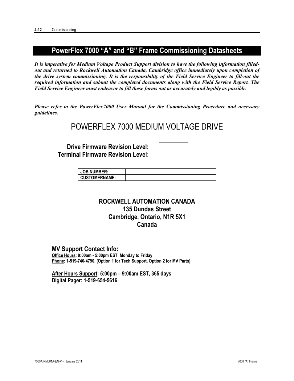 Commissioning datasheets, Powerflex 7000 medium voltage drive, Drive firmware revision level | Terminal firmware revision level, Mv support contact info | Rockwell Automation 7000A PowerFlex Medium Voltage AC Drive - Air-Cooled (A Frame) User Manual | Page 166 / 412