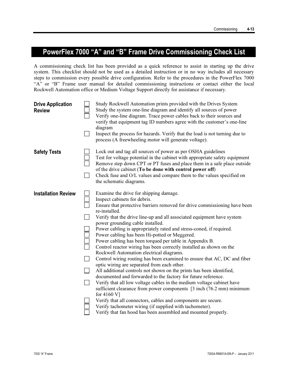 Commissioning checklist | Rockwell Automation 7000A PowerFlex Medium Voltage AC Drive - Air-Cooled (A Frame) User Manual | Page 167 / 412