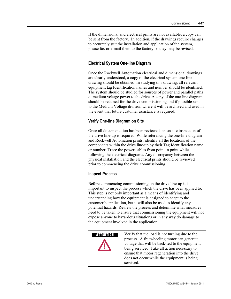 Electrical system one-line diagram, Verify one-line diagram on site, Inspect process | Rockwell Automation 7000A PowerFlex Medium Voltage AC Drive - Air-Cooled (A Frame) User Manual | Page 171 / 412