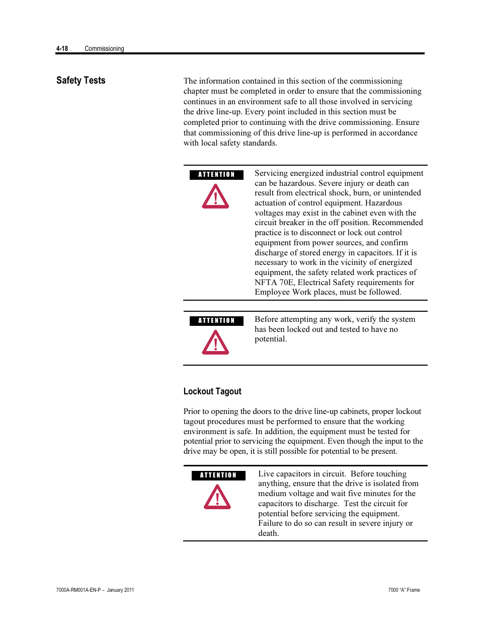 Safety tests, Lockout tagout | Rockwell Automation 7000A PowerFlex Medium Voltage AC Drive - Air-Cooled (A Frame) User Manual | Page 172 / 412
