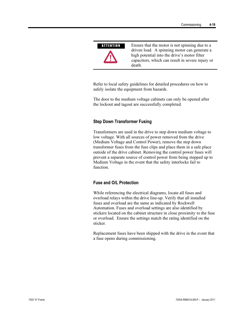 Stepdown transformer fusing, Fuse and o/l protection | Rockwell Automation 7000A PowerFlex Medium Voltage AC Drive - Air-Cooled (A Frame) User Manual | Page 173 / 412