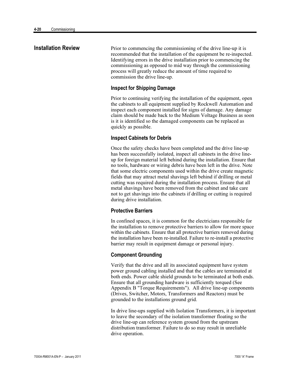 Installation review, Inspect for shipping damage, Inspect cabinets for debris | Protective barriers, Component grounding | Rockwell Automation 7000A PowerFlex Medium Voltage AC Drive - Air-Cooled (A Frame) User Manual | Page 174 / 412