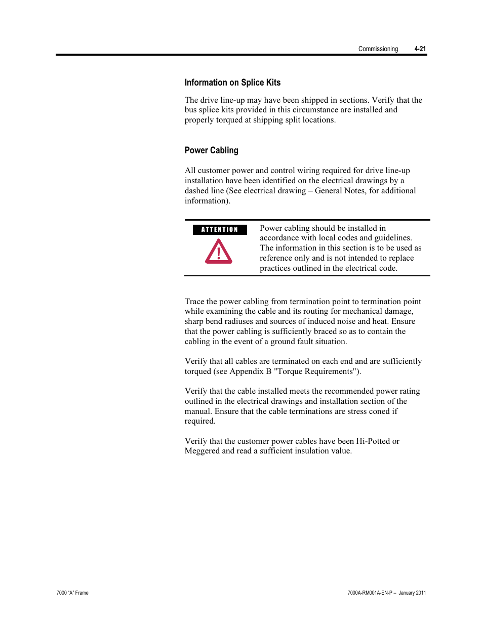 Information on splice kits, Power cabling | Rockwell Automation 7000A PowerFlex Medium Voltage AC Drive - Air-Cooled (A Frame) User Manual | Page 175 / 412