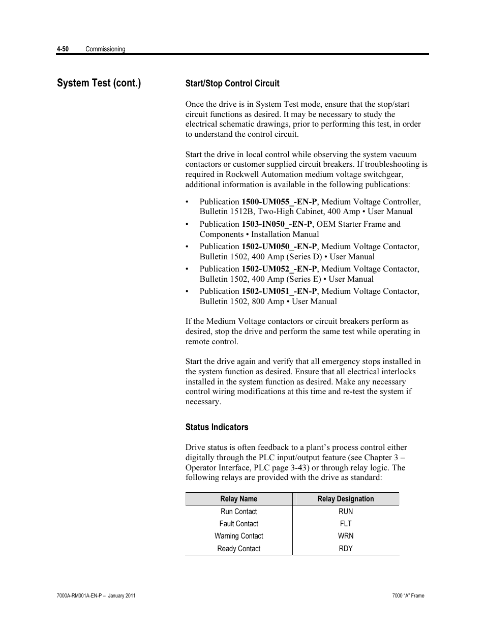 Start/stop control circuit, Status indicators, System test (cont.) | Rockwell Automation 7000A PowerFlex Medium Voltage AC Drive - Air-Cooled (A Frame) User Manual | Page 204 / 412