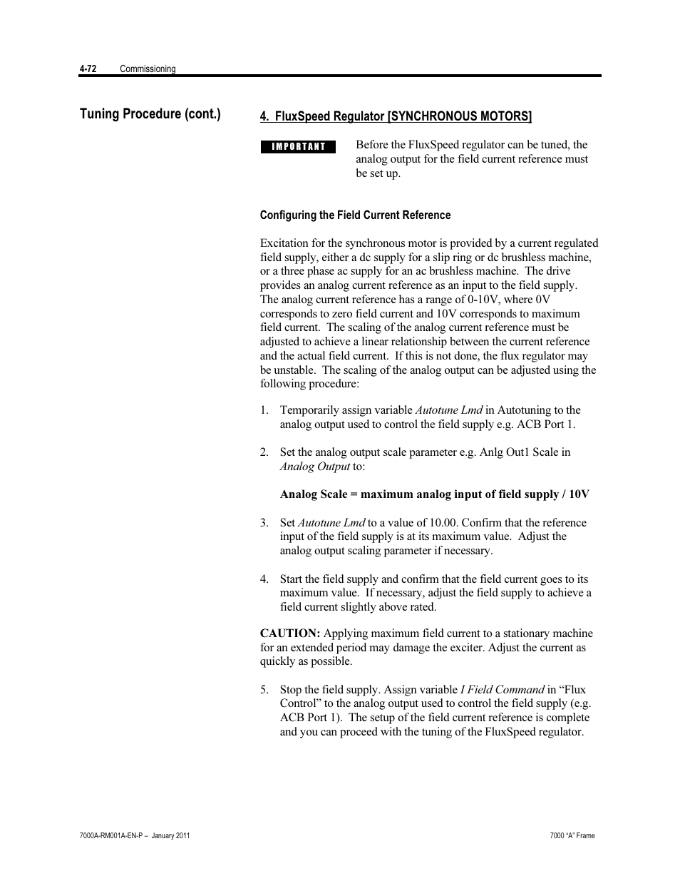 Fluxspeed regulator (synchronous motors), Tuning procedure (cont.) | Rockwell Automation 7000A PowerFlex Medium Voltage AC Drive - Air-Cooled (A Frame) User Manual | Page 226 / 412