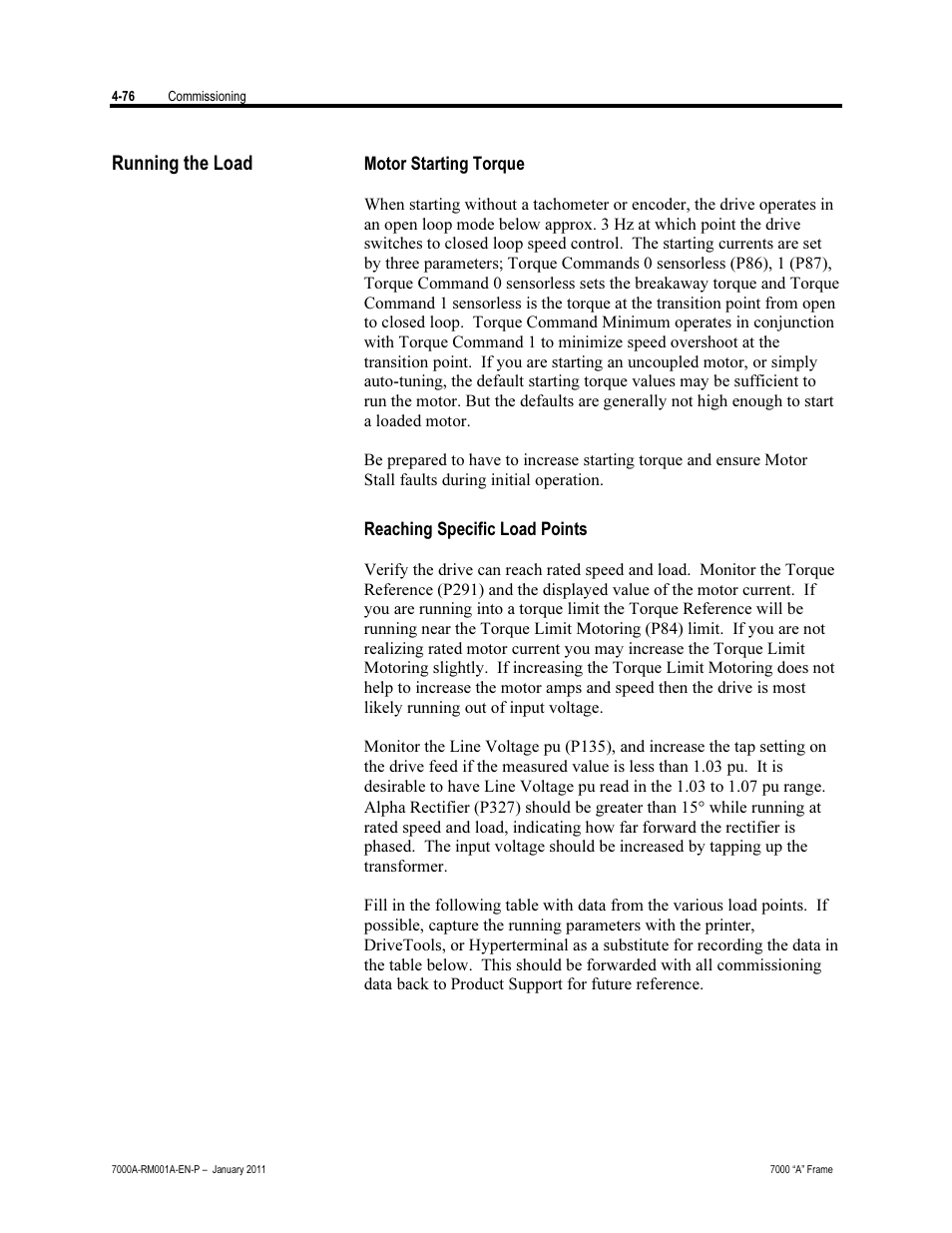 Running the load, Motor starting toque, Reaching specific load points | Rockwell Automation 7000A PowerFlex Medium Voltage AC Drive - Air-Cooled (A Frame) User Manual | Page 230 / 412
