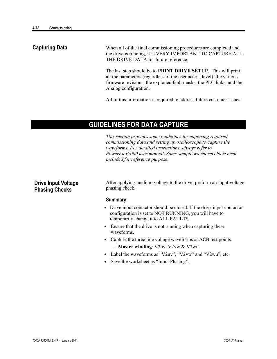 Capturing data, Guidelines for data capture, Drive input voltage phasing checks | Rockwell Automation 7000A PowerFlex Medium Voltage AC Drive - Air-Cooled (A Frame) User Manual | Page 232 / 412