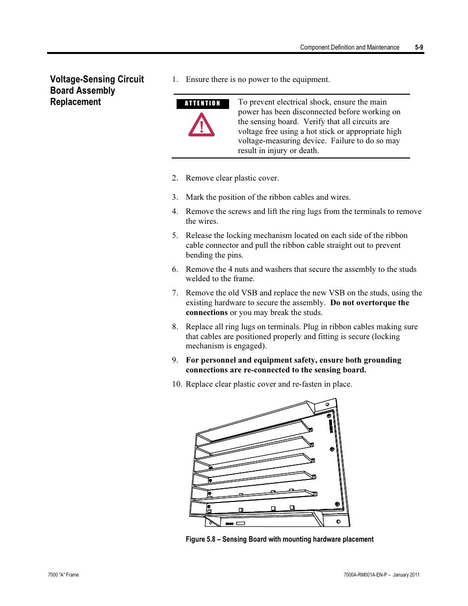 Voltage-sensing circuit board assembly replacement | Rockwell Automation 7000A PowerFlex Medium Voltage AC Drive - Air-Cooled (A Frame) User Manual | Page 251 / 412