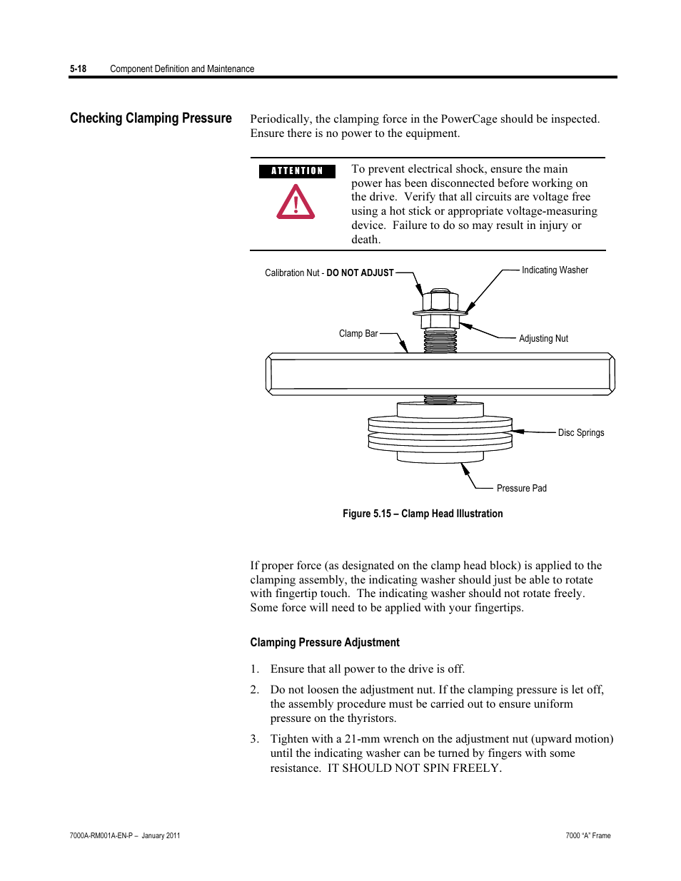 Checking clamping pressure, Clamping pressure adjustment | Rockwell Automation 7000A PowerFlex Medium Voltage AC Drive - Air-Cooled (A Frame) User Manual | Page 260 / 412