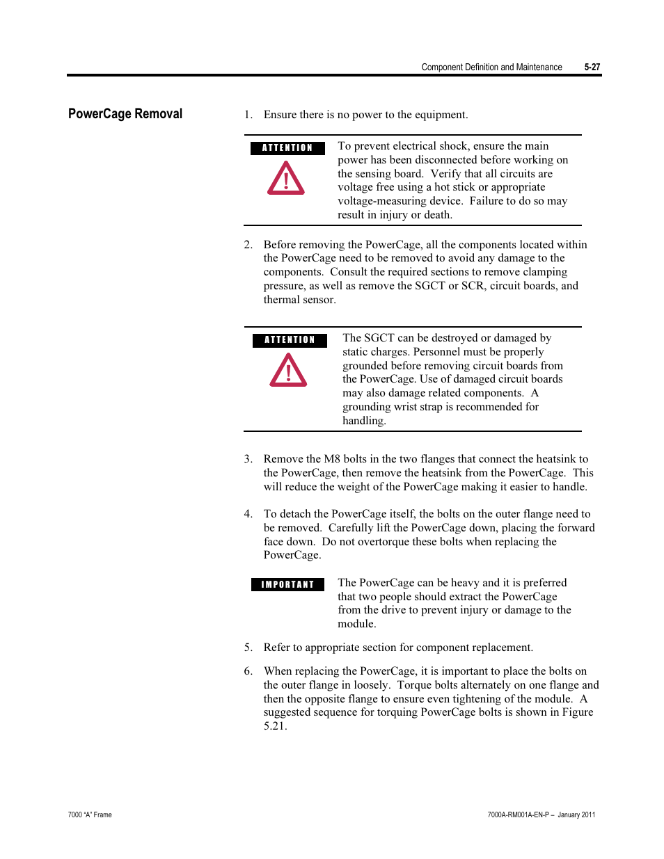 Powercage removal | Rockwell Automation 7000A PowerFlex Medium Voltage AC Drive - Air-Cooled (A Frame) User Manual | Page 269 / 412
