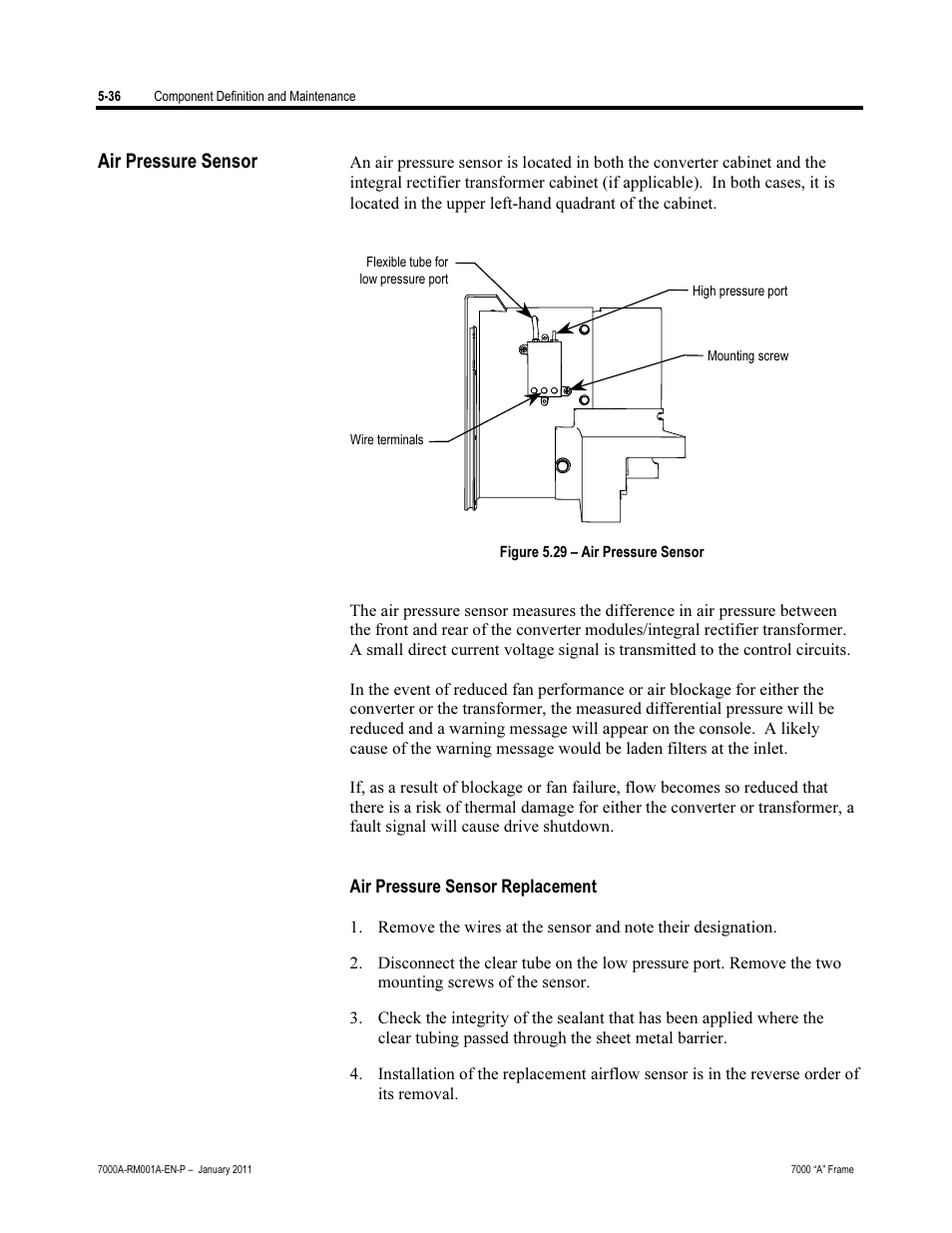 Air pressure sensor, Air pressure sensor replacement | Rockwell Automation 7000A PowerFlex Medium Voltage AC Drive - Air-Cooled (A Frame) User Manual | Page 278 / 412