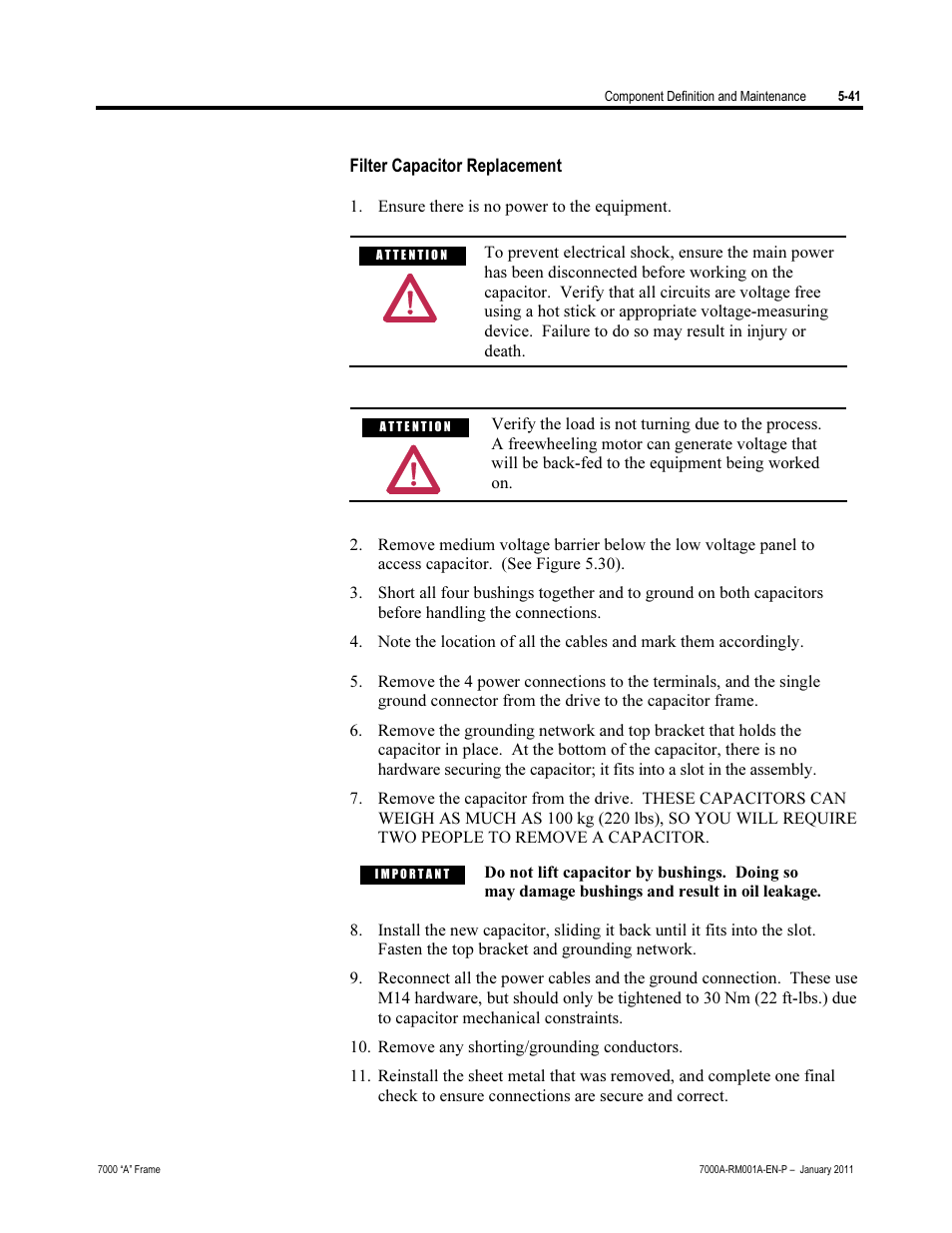 Filter capacitor replacement | Rockwell Automation 7000A PowerFlex Medium Voltage AC Drive - Air-Cooled (A Frame) User Manual | Page 283 / 412