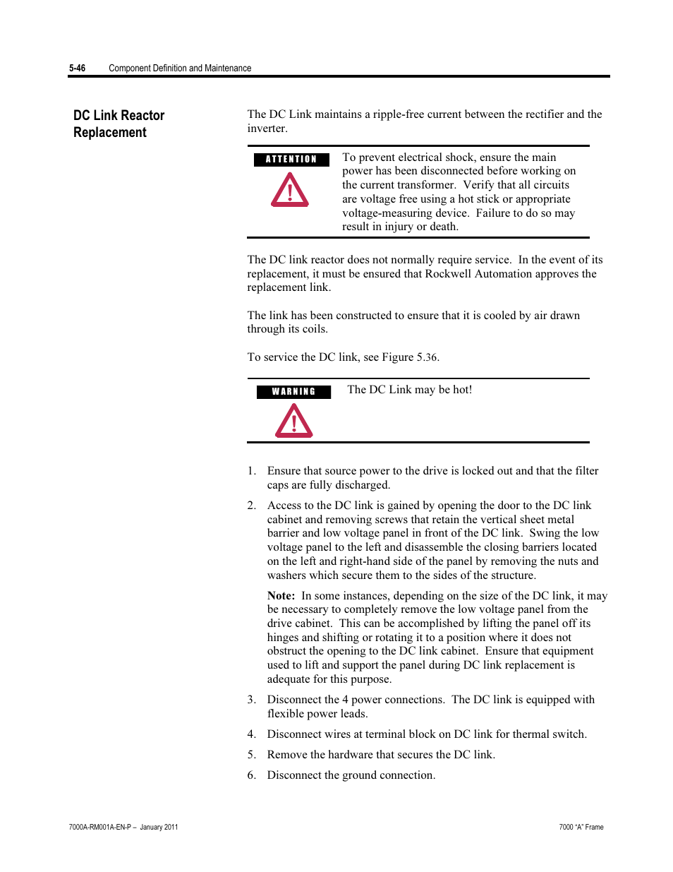 Dc link reactor replacement | Rockwell Automation 7000A PowerFlex Medium Voltage AC Drive - Air-Cooled (A Frame) User Manual | Page 288 / 412