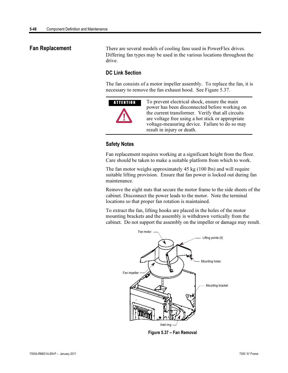 Fan replacement, Dc link section, Safety notes | Rockwell Automation 7000A PowerFlex Medium Voltage AC Drive - Air-Cooled (A Frame) User Manual | Page 290 / 412