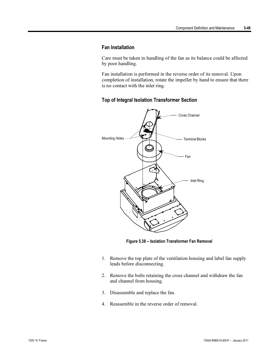 Fan installation, Top of integral isolation transformer section | Rockwell Automation 7000A PowerFlex Medium Voltage AC Drive - Air-Cooled (A Frame) User Manual | Page 291 / 412