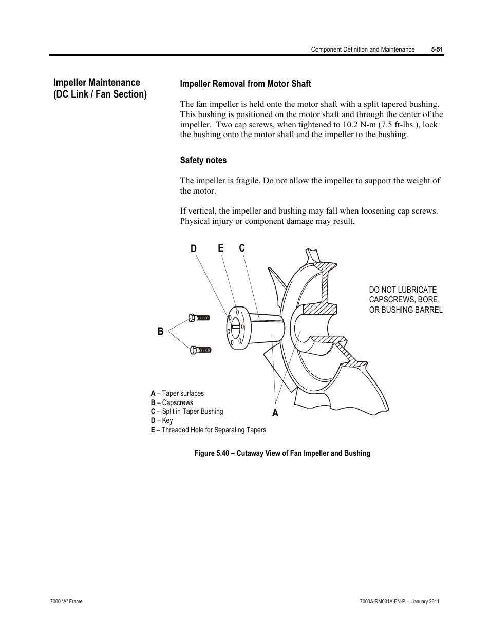 Impellet maintenance (dc link/fan section), Impeller removal from motor shaft, Safety notes | Ab c d e | Rockwell Automation 7000A PowerFlex Medium Voltage AC Drive - Air-Cooled (A Frame) User Manual | Page 293 / 412