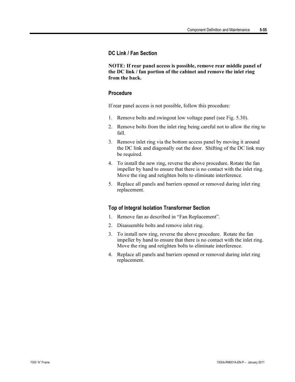 Dc link/fan section, Procedure, Top of integral isolation transformer section | Rockwell Automation 7000A PowerFlex Medium Voltage AC Drive - Air-Cooled (A Frame) User Manual | Page 297 / 412