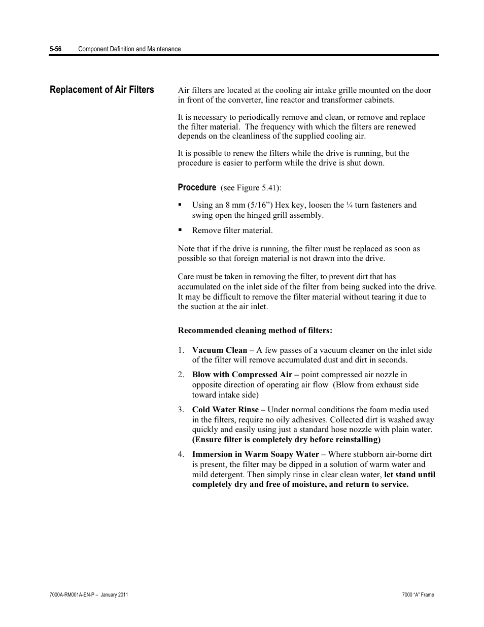 Replacement of air filters, Procedure | Rockwell Automation 7000A PowerFlex Medium Voltage AC Drive - Air-Cooled (A Frame) User Manual | Page 298 / 412