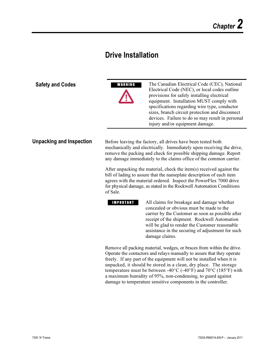 Chapter 2 - drive installation, Safety and codes, Unpacking and inspection | Drive installation, Chapter | Rockwell Automation 7000A PowerFlex Medium Voltage AC Drive - Air-Cooled (A Frame) User Manual | Page 31 / 412